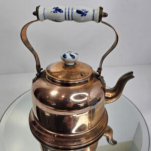 Vintage Copper Tea Kettle with Ceramic Blue And White Handle. Made In Korea